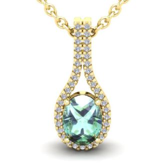 1 1/4 Carat Oval Shape Green Amethyst and Halo Diamond Necklace In 14 Karat Yellow Gold, 18 Inches
