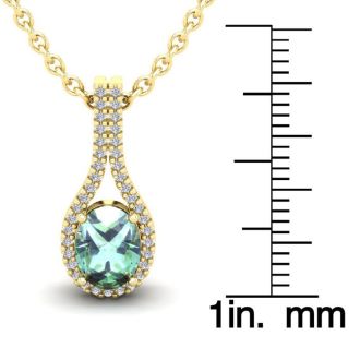 1 1/4 Carat Oval Shape Green Amethyst and Halo Diamond Necklace In 14 Karat Yellow Gold, 18 Inches