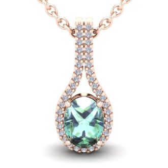 1 1/4 Carat Oval Shape Green Amethyst and Halo Diamond Necklace In 14 Karat Rose Gold, 18 Inches