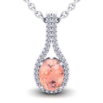 1-1/3 Carat Oval Shape Morganite Necklace with Diamond Halo In 14 Karat White Gold With 18 Inch Chain