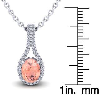 1-1/3 Carat Oval Shape Morganite Necklace with Diamond Halo In 14 Karat White Gold With 18 Inch Chain