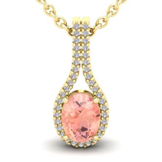 1-1/3 Carat Oval Shape Morganite Necklace with Diamond Halo In 14 Karat Yellow Gold With 18 Inch Chain