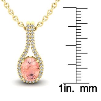 1-1/3 Carat Oval Shape Morganite Necklace with Diamond Halo In 14 Karat Yellow Gold With 18 Inch Chain