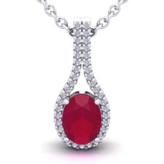 1 3/4 Carat Oval Shape Ruby and Halo Diamond Necklace In 14 Karat White Gold, 18 Inches