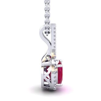 1 3/4 Carat Oval Shape Ruby and Halo Diamond Necklace In 14 Karat White Gold, 18 Inches
