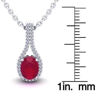 1 3/4 Carat Oval Shape Ruby and Halo Diamond Necklace In 14 Karat White Gold, 18 Inches