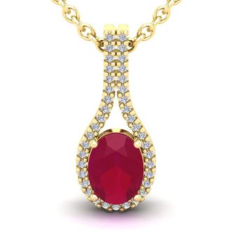 1 3/4 Carat Oval Shape Ruby and Halo Diamond Necklace In 14 Karat Yellow Gold, 18 Inches