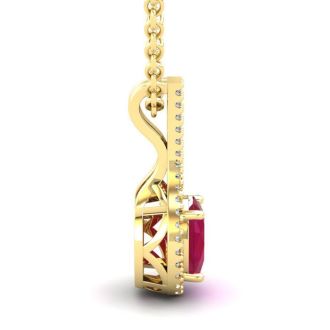 1 3/4 Carat Oval Shape Ruby and Halo Diamond Necklace In 14 Karat Yellow Gold, 18 Inches