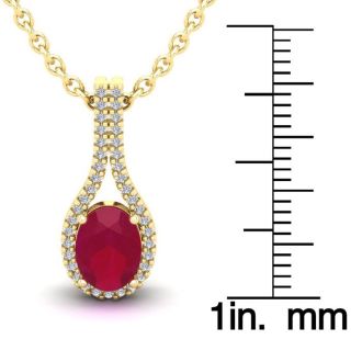 1 3/4 Carat Oval Shape Ruby and Halo Diamond Necklace In 14 Karat Yellow Gold, 18 Inches