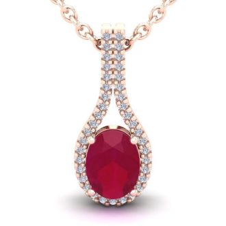 1 3/4 Carat Oval Shape Ruby and Halo Diamond Necklace In 14 Karat Rose Gold, 18 Inches