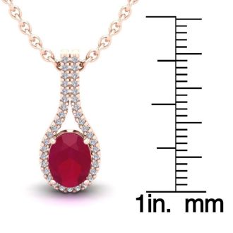 1 3/4 Carat Oval Shape Ruby and Halo Diamond Necklace In 14 Karat Rose Gold, 18 Inches