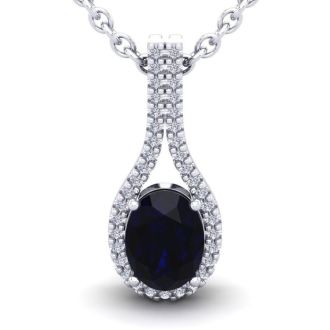 1 3/4 Carat Oval Shape Sapphire and Halo Diamond Necklace In 14 Karat White Gold, 18 Inches