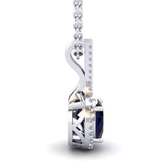 1 3/4 Carat Oval Shape Sapphire and Halo Diamond Necklace In 14 Karat White Gold, 18 Inches
