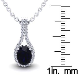 1 3/4 Carat Oval Shape Sapphire and Halo Diamond Necklace In 14 Karat White Gold, 18 Inches