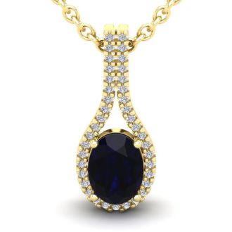 1 3/4 Carat Oval Shape Sapphire and Halo Diamond Necklace In 14 Karat Yellow Gold, 18 Inches