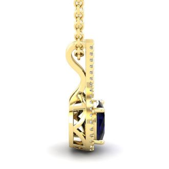 1 3/4 Carat Oval Shape Sapphire and Halo Diamond Necklace In 14 Karat Yellow Gold, 18 Inches