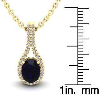 1 3/4 Carat Oval Shape Sapphire and Halo Diamond Necklace In 14 Karat Yellow Gold, 18 Inches