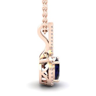 1 3/4 Carat Oval Shape Sapphire and Halo Diamond Necklace In 14 Karat Rose Gold, 18 Inches