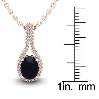 1 3/4 Carat Oval Shape Sapphire and Halo Diamond Necklace In 14 Karat Rose Gold, 18 Inches