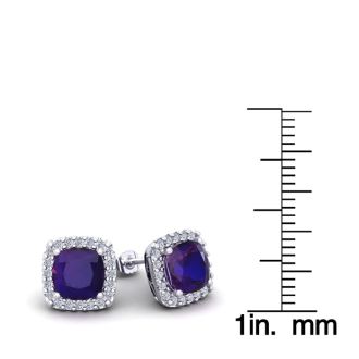 2 Carat Cushion Cut Amethyst and Halo Diamond Stud Earrings In 14 Karat White Gold