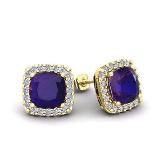 2 Carat Cushion Cut Amethyst and Halo Diamond Stud Earrings In 14 Karat Yellow Gold