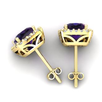 2 Carat Cushion Cut Amethyst and Halo Diamond Stud Earrings In 14 Karat Yellow Gold