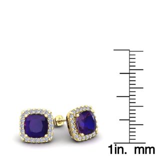 2 Carat Cushion Cut Amethyst and Halo Diamond Stud Earrings In 14 Karat Yellow Gold