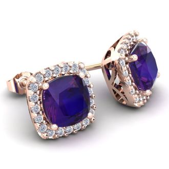 2 Carat Cushion Cut Amethyst and Halo Diamond Stud Earrings In 14 Karat Rose Gold