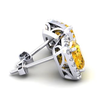 2 Carat Cushion Cut Citrine and Halo Diamond Stud Earrings In 14 Karat White Gold