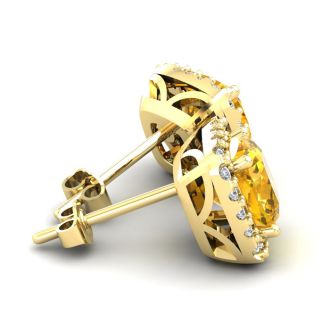 2 Carat Cushion Cut Citrine and Halo Diamond Stud Earrings In 14 Karat Yellow Gold
