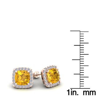 2 Carat Cushion Cut Citrine and Halo Diamond Stud Earrings In 14 Karat Rose Gold