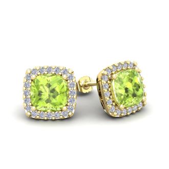 2 1/3 Carat Cushion Cut Peridot and Halo Diamond Stud Earrings In 14 Karat Yellow Gold