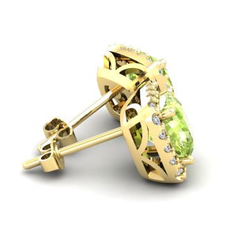 2 1/3 Carat Cushion Cut Peridot and Halo Diamond Stud Earrings In 14 Karat Yellow Gold