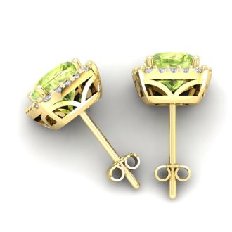 2 1/3 Carat Cushion Cut Peridot and Halo Diamond Stud Earrings In 14 Karat Yellow Gold
