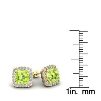 2 1/3 Carat Cushion Cut Peridot and Halo Diamond Stud Earrings In 14 Karat Yellow Gold