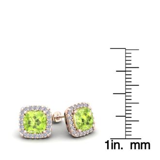 2 1/3 Carat Cushion Cut Peridot and Halo Diamond Stud Earrings In 14 Karat Rose Gold
