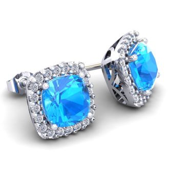 2 1/2 Carat Cushion Cut Blue Topaz and Halo Diamond Stud Earrings In 14 Karat White Gold