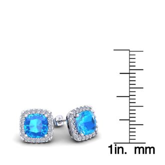 2 1/2 Carat Cushion Cut Blue Topaz and Halo Diamond Stud Earrings In 14 Karat White Gold