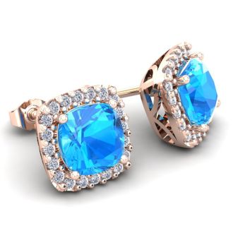 2 1/2 Carat Cushion Cut Blue Topaz and Halo Diamond Stud Earrings In 14 Karat Rose Gold