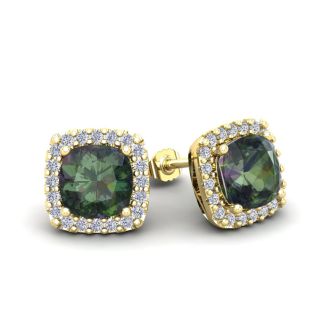 2 1/2 Carat Cushion Cut Mystic Topaz and Halo Diamond Stud Earrings In 14 Karat Yellow Gold