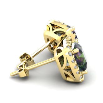 2 1/2 Carat Cushion Cut Mystic Topaz and Halo Diamond Stud Earrings In 14 Karat Yellow Gold