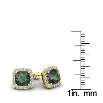 2 1/2 Carat Cushion Cut Mystic Topaz and Halo Diamond Stud Earrings In 14 Karat Yellow Gold