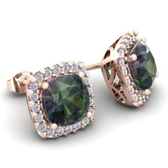 2 1/2 Carat Cushion Cut Mystic Topaz and Halo Diamond Stud Earrings In 14 Karat Rose Gold
