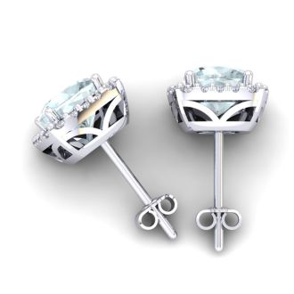 Aquamarine Earrings: Aquamarine Jewelry: 1 1/2 Carat Cushion Cut Aquamarine and Halo Diamond Stud Earrings In 14 Karat White Gold