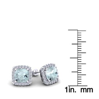 Aquamarine Earrings: Aquamarine Jewelry: 1 1/2 Carat Cushion Cut Aquamarine and Halo Diamond Stud Earrings In 14 Karat White Gold