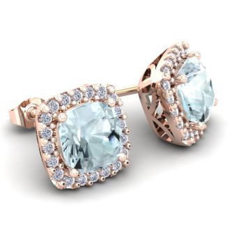 Aquamarine Earrings: Aquamarine Jewelry: 1 1/2 Carat Cushion Cut Aquamarine and Halo Diamond Stud Earrings In 14 Karat Rose Gold