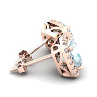 Aquamarine Earrings: Aquamarine Jewelry: 1 1/2 Carat Cushion Cut Aquamarine and Halo Diamond Stud Earrings In 14 Karat Rose Gold