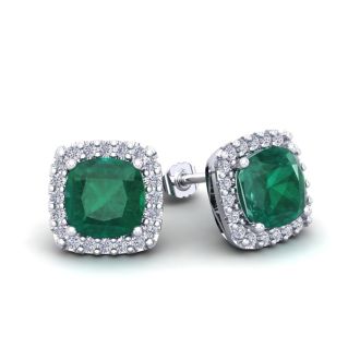 2 1/2 Carat Cushion Cut Emerald and Halo Diamond Stud Earrings In 14 Karat White Gold