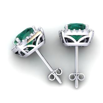 2 1/2 Carat Cushion Cut Emerald and Halo Diamond Stud Earrings In 14 Karat White Gold