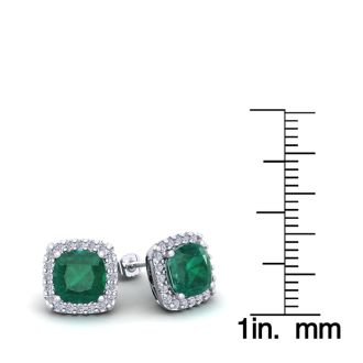 2 1/2 Carat Cushion Cut Emerald and Halo Diamond Stud Earrings In 14 Karat White Gold